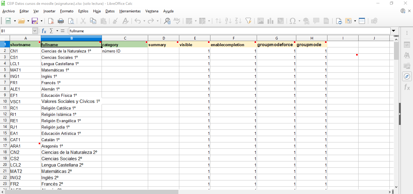 Excel para subir curso a Moodle