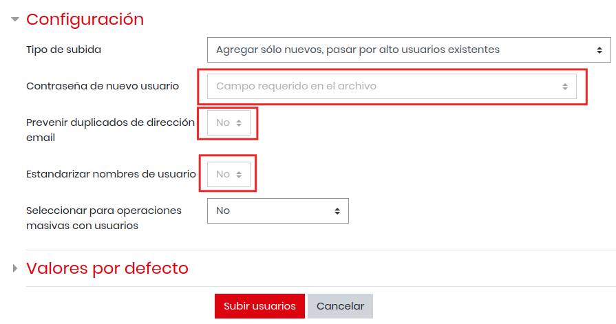 opciones de subida